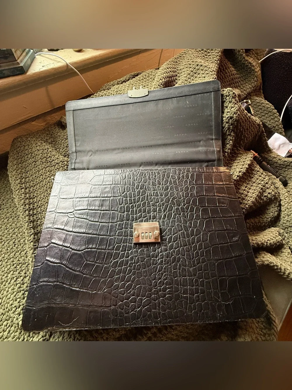 Black Croc-Embossed Leather Briefcase with Combination Lock